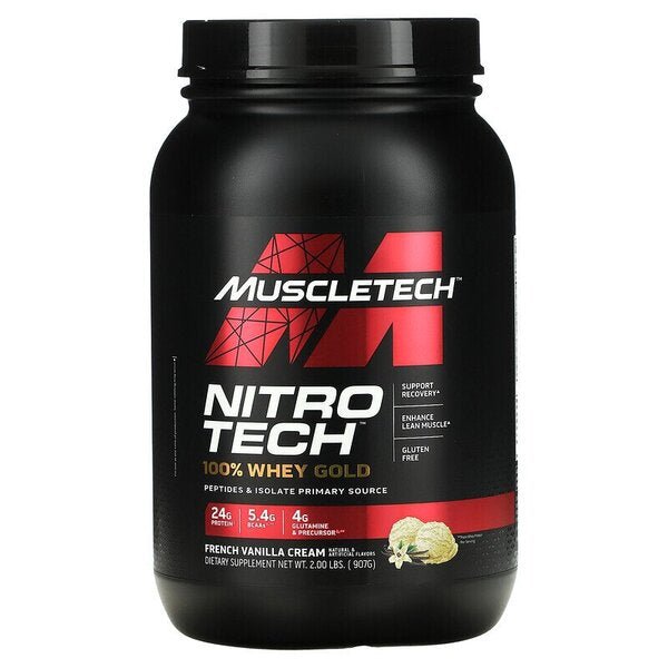 MuscleTech Nitro-Tech 100% Whey Gold protein powder container featuring 24g protein per serving and French vanilla cream flavor.
