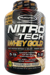 MuscleTech Nitro-Tech 100% Whey Gold protein powder tub in Cookies and Cream flavor with 24g protein per serving.