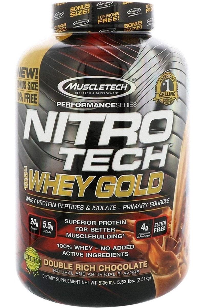 MuscleTech Nitro-Tech 100% Whey Gold protein powder, Double Rich Chocolate flavor, 24g protein per serving, bonus size.