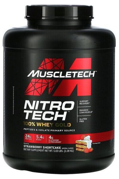 MuscleTech Nitro-Tech 100% Whey Gold protein powder, Strawberry Shortcake flavor, 24g protein per serving.