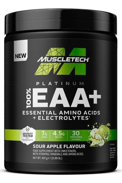 MuscleTech Platinum 100% EAA+ supplement, sour apple flavor, with essential amino acids and electrolytes.