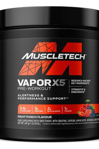 MuscleTech Vapor X5 Pre-Workout supplement canister for enhanced energy and focus in fitness training.