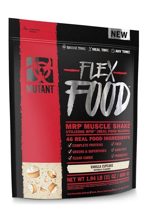 Mutant Flex Food Muscle Shake pack featuring vanilla cupcake flavor and 46 real food ingredients for complete nutrition.
