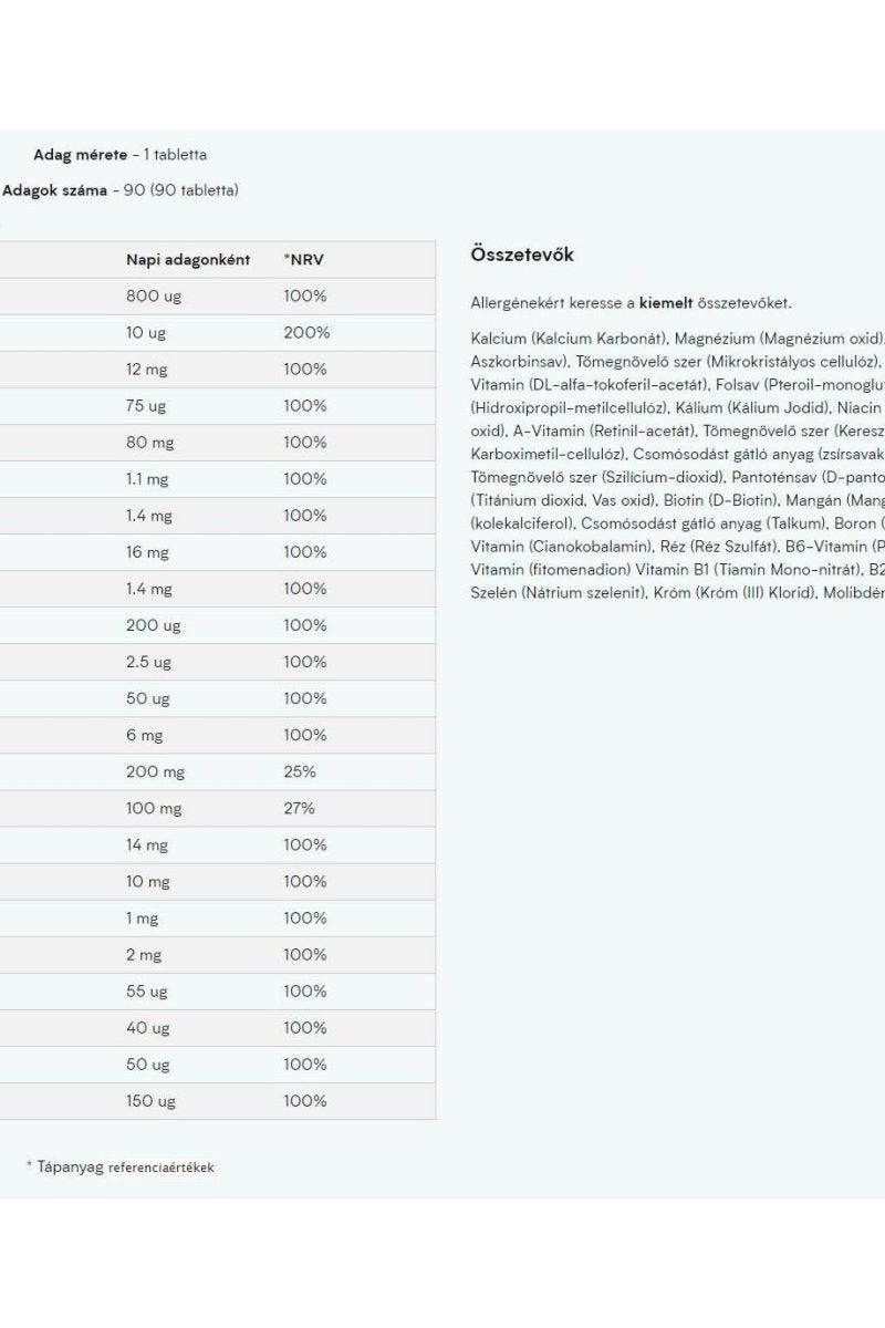 Nutrition facts for Myprotein A-Z Multivitamin showing daily amounts and essential vitamins in 90 tablet pack.