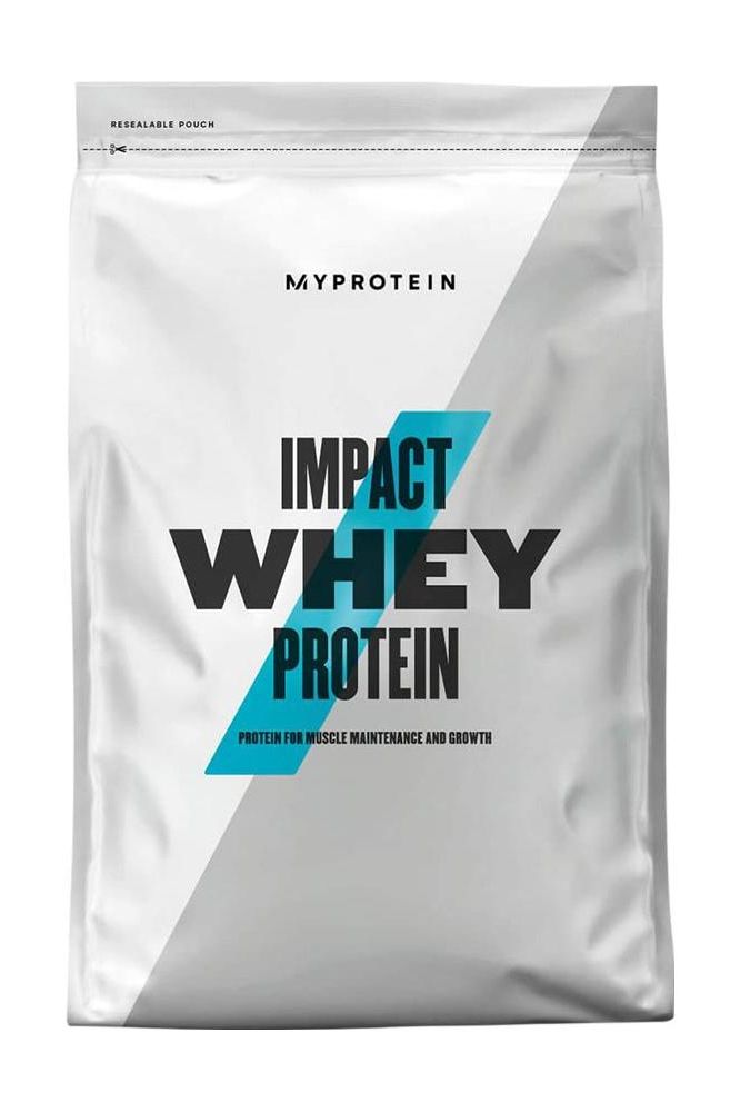 Myprotein Impact Whey Protein packaging, promoting muscle maintenance and growth with high protein content.