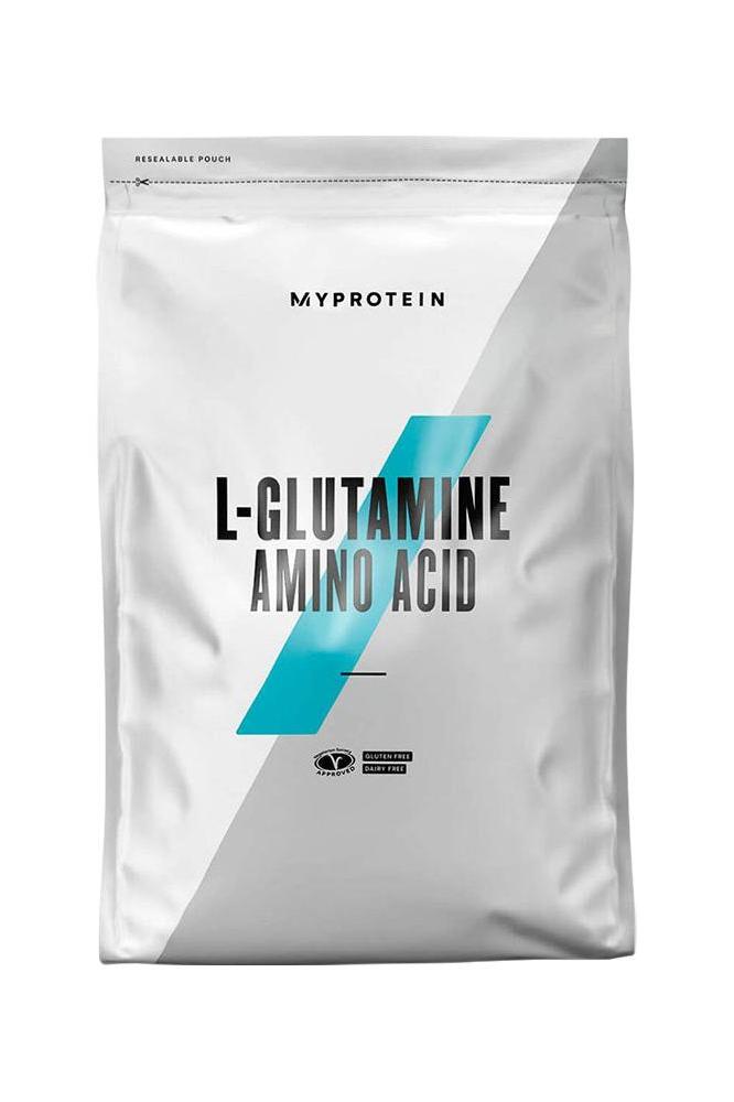 Myprotein L-Glutamine amino acid powder pouch for dietary supplementation.