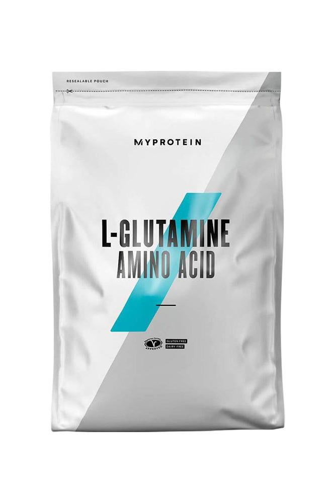 Myprotein L-glutamine supplement packaging showcasing 100% L-glutamine amino acid powder.