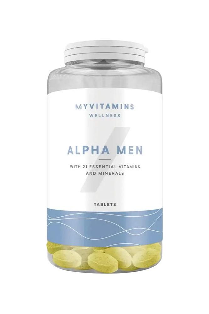 Myprotein Myvitamins Alpha Men Multivitamin bottle with 21 essential vitamins and minerals tablets.