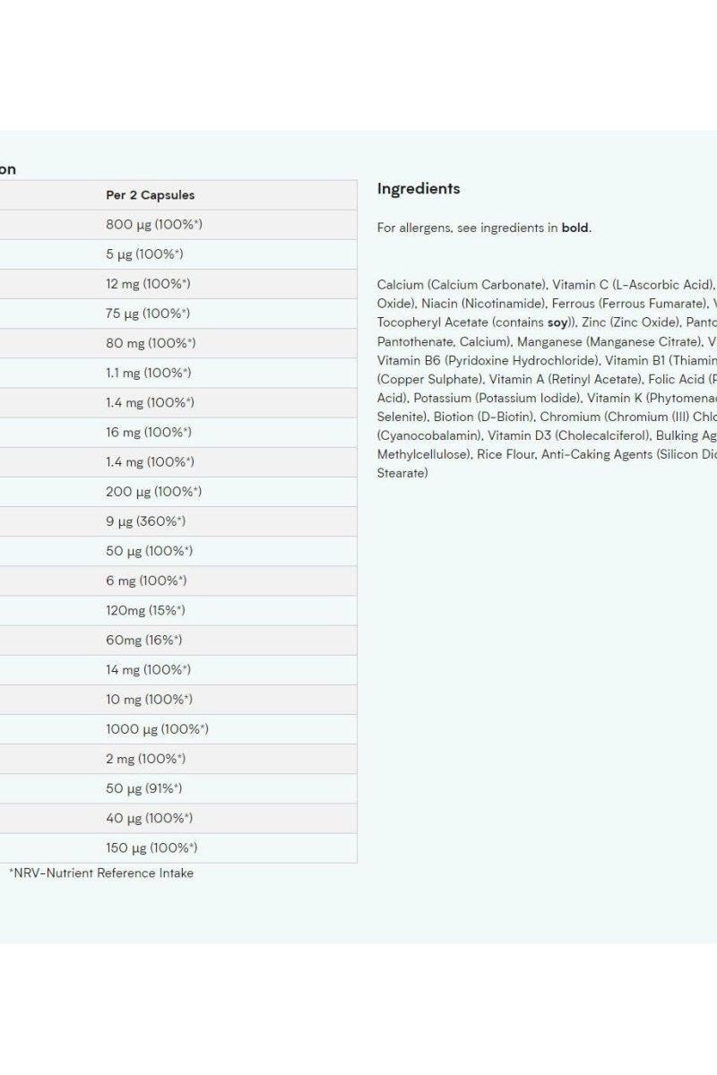 Myprotein Vegan A-Z Multivitamin supplement facts and ingredients list on packaging.