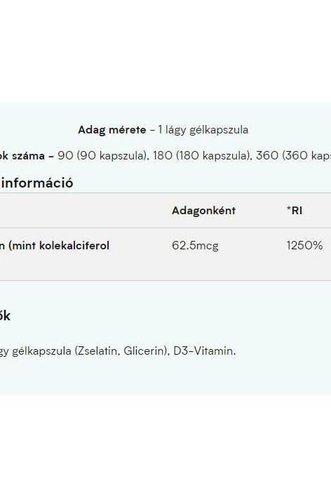 Myprotein Vitamin D3 supplement information, showing dosage and ingredients in softgel format.