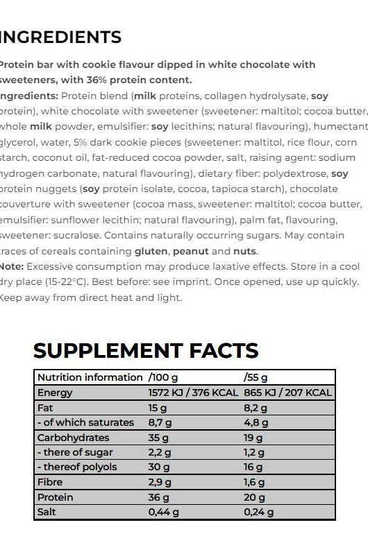 Nanosupps protein bar ingredients list detailing protein content and sweeteners.