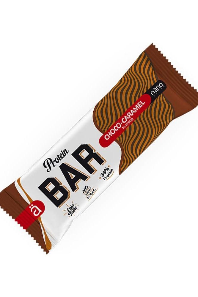 Nanosupps Protein Bar in Choco-Caramel flavor, delicious and tempting snack, rich in protein, package design visible.