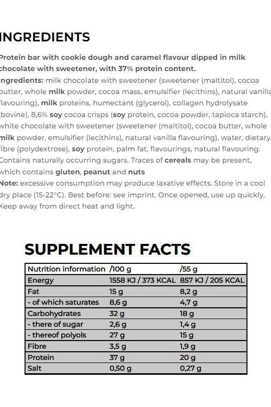 Ingredients list for Nanosupps BAR protein bar with cookie dough and caramel flavor.