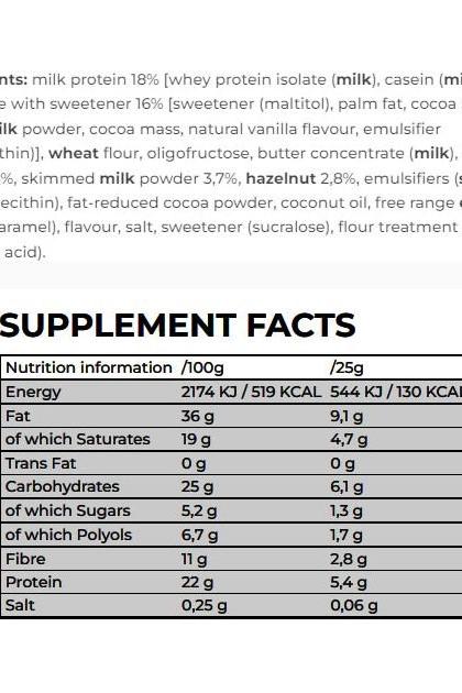 Nutrition facts for Nanosupps BRIX Protein Snack Hazelnut Creme, highlighting protein content and low sugar.