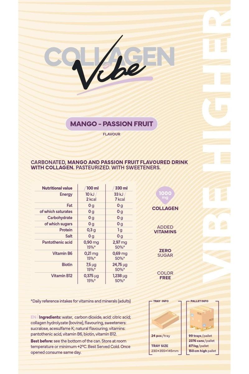 Nanosupps Collagen Vibe Mango Passion Fruit drink details, sugar-free, collagen-infused, nutritional information.