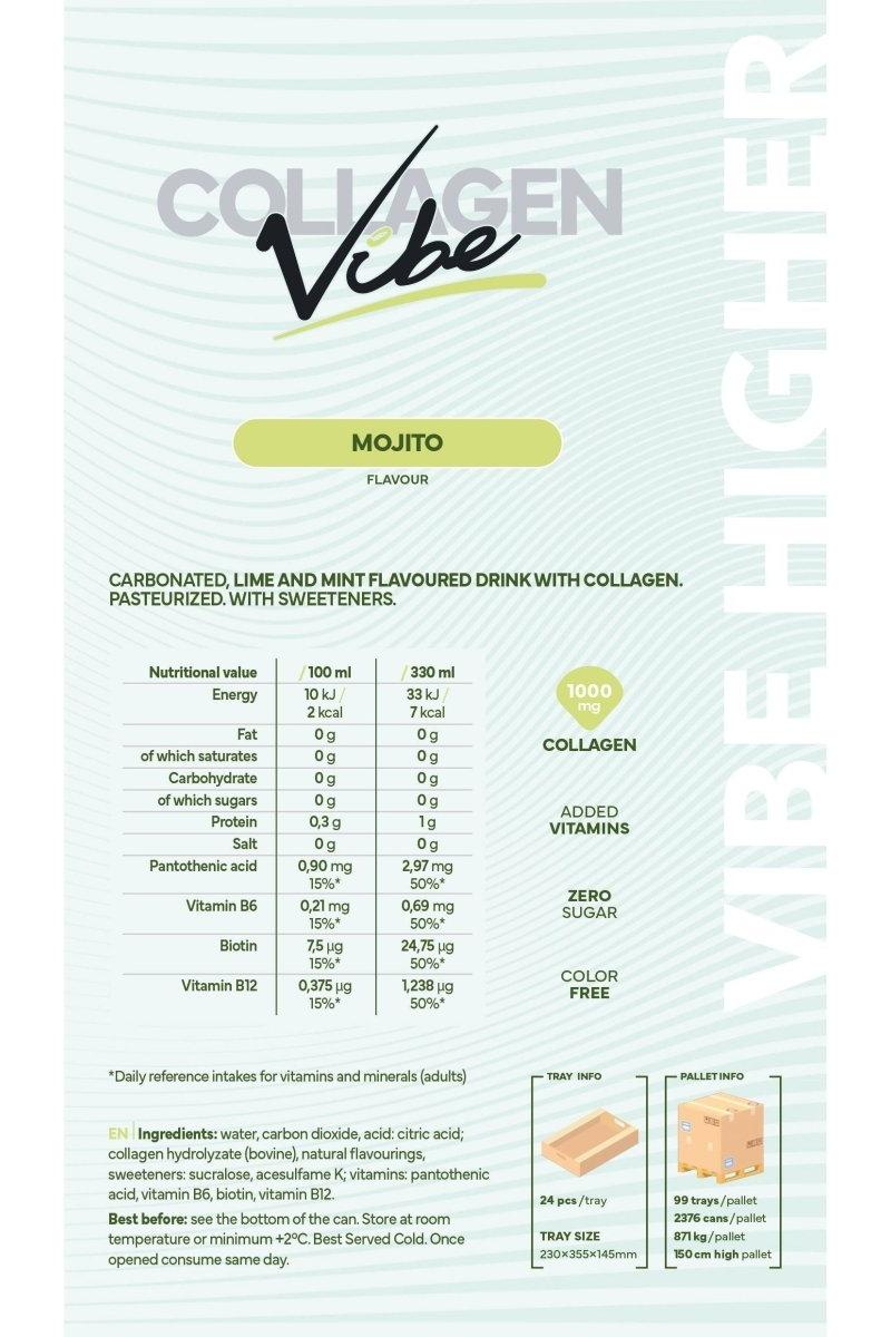 Collagen Vibe Mojito nutritional info, a sugar and color-free drink with added vitamins and 1000 mg collagen.