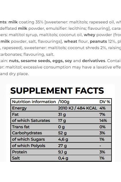Supplement facts for Nanosupps Protein Cookies, showing nutrition information per 100g, including calories and macronutrient breakdown.