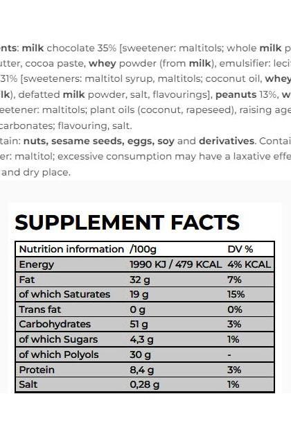 Nutritional information chart for Nanosupps protein cookies, including calories and macronutrients per 100g.