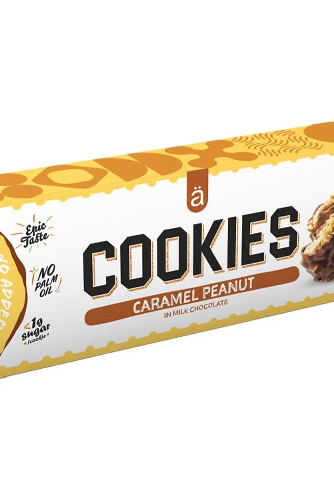 Nanosupps Caramel Peanut Protein Cookies in milk chocolate, low sugar snack for a healthy lifestyle.