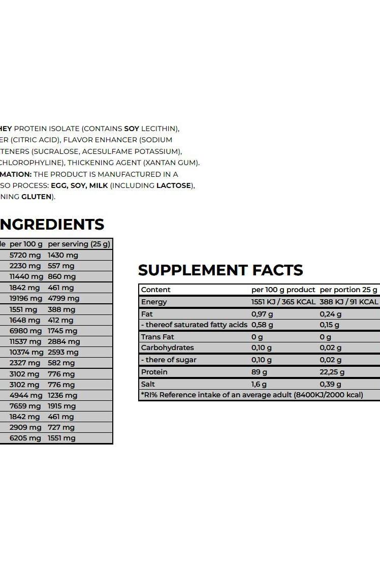 Ingredient and supplement facts for Nanosupps Epic Juice Clear Whey Protein Isolate showcasing nutritional information.