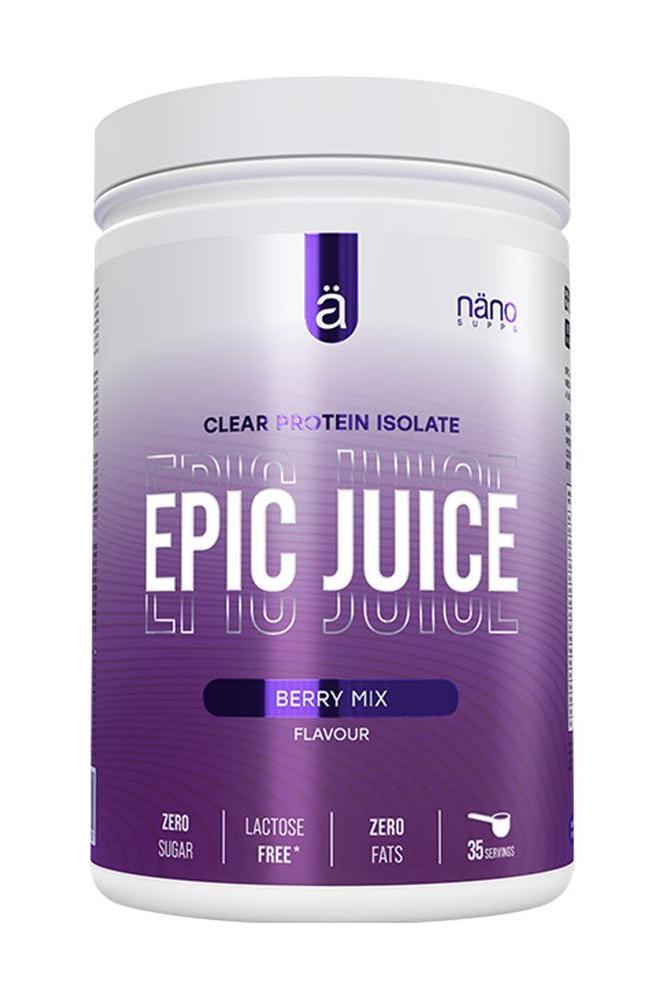 Nano Supps Epic Juice Clear Whey Protein Isolate in Berry Mix flavor with 22g protein per serving and zero sugars.