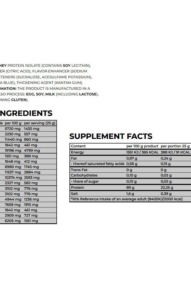 Nanosupps Epic Juice Whey Protein Isolate supplement facts and ingredients label