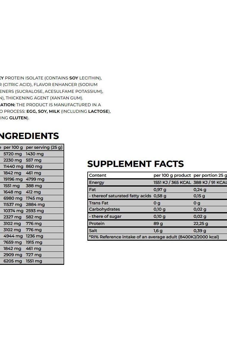 Nanosupps Epic Juice Clear Whey Protein Isolate ingredient and supplement facts label.