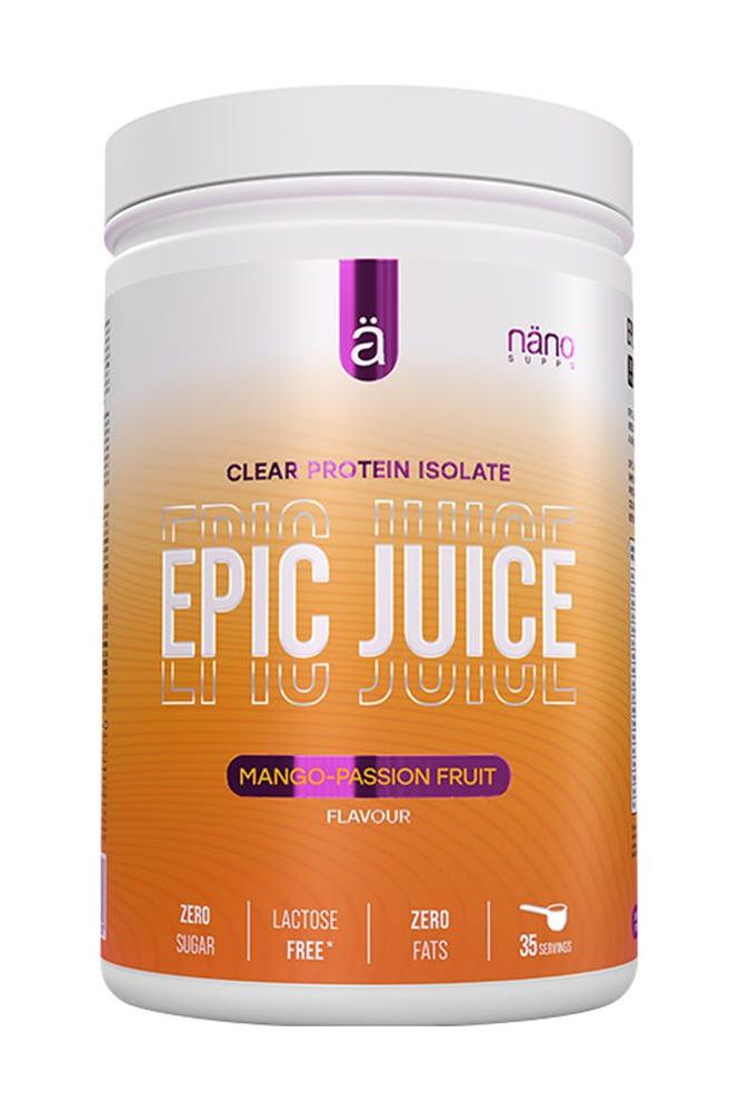 Nanosupps Epic Juice Whey Protein Isolate, Mango-Passion Fruit flavor, 22g protein per serving, 35 servings.