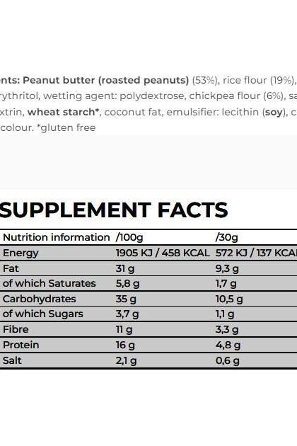 Nanosupps Peanut Twist nutrition facts for 30g serving, showing calories, fats, carbs, protein, and more.