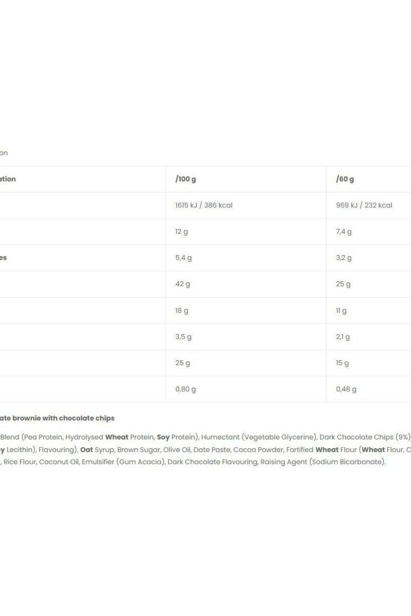 Nanosupps Protein Brownie nutritional information table showing calories and ingredients per 100g and 60g.
