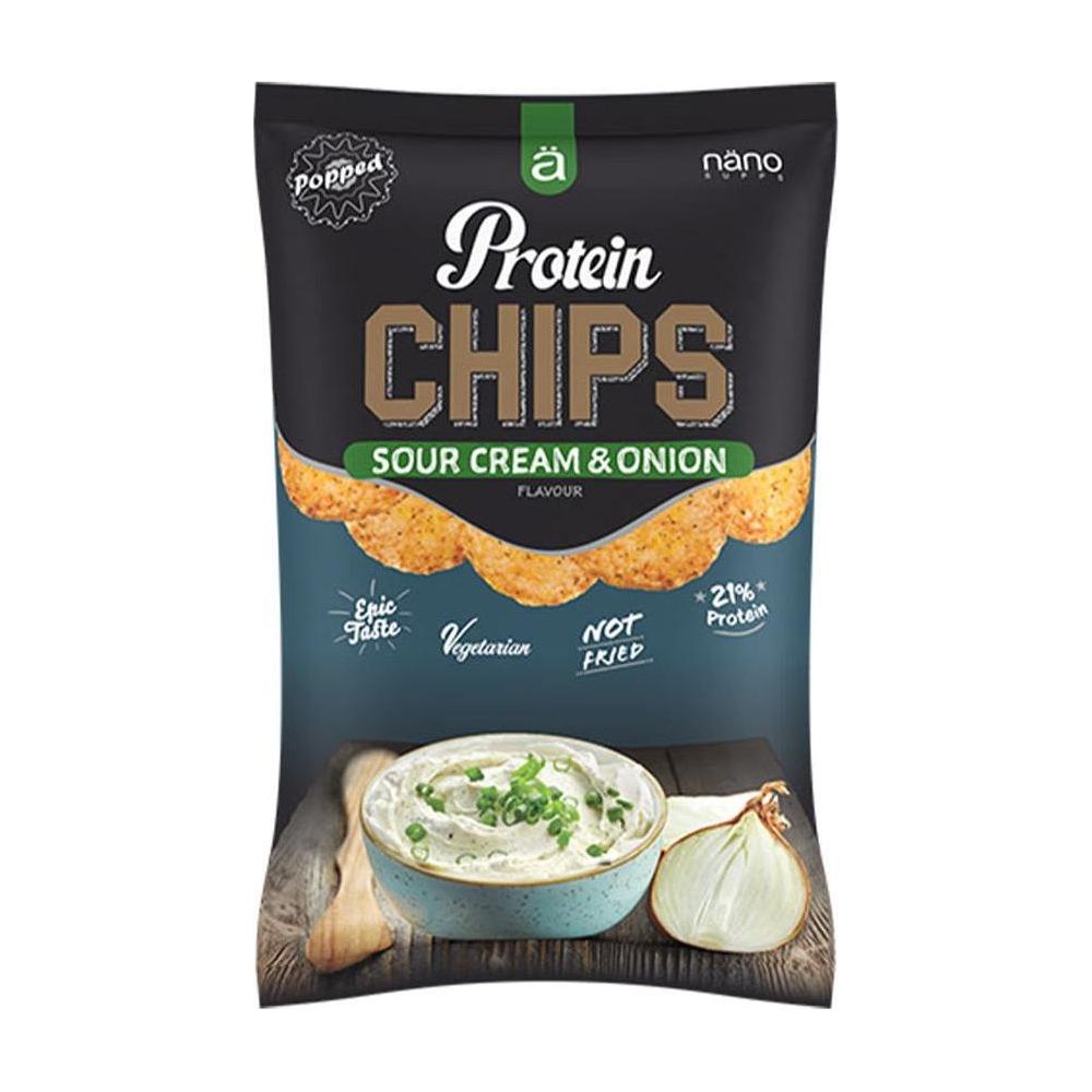 NanoSupps Protein Chips Sour Cream & Onion flavor, high in protein, vegetarian snack, healthy alternative to regular chips.
