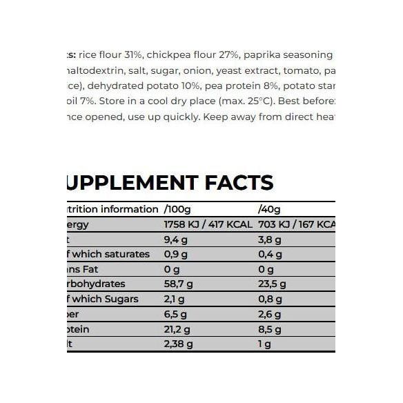 Nanosupps Protein Chips nutritional information showing ingredients and supplement facts.