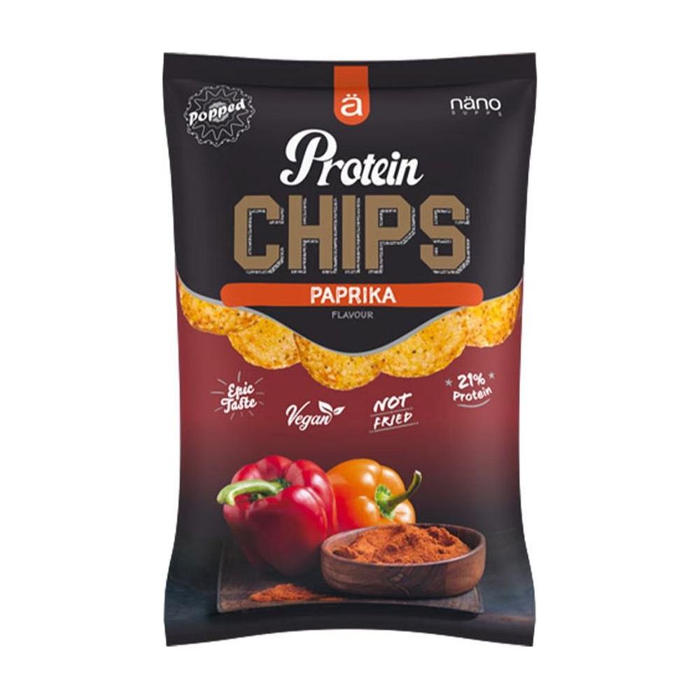 NanoSupps Protein Chips in paprika flavor, high protein, vegan, gluten-free snack packaging.