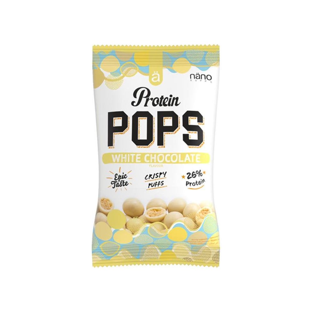 Nanosupps Protein Pops in white chocolate flavor with 26% protein, a delicious snack alternative.