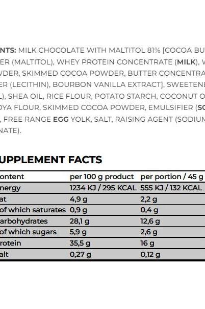 Nanosupps Protein Snap nutrition label highlighting ingredients and supplement facts for the chocolate protein bar.