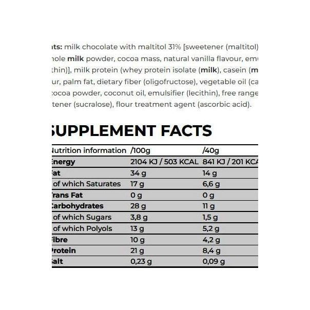 Nanosupps Protein Wafer nutritional information and ingredient list, showcasing high protein and low sugar content.