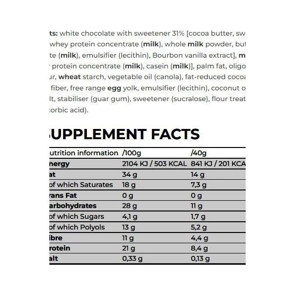 Nutritional information for NanoSupps Protein Wafer showing ingredients, calories, and protein content.