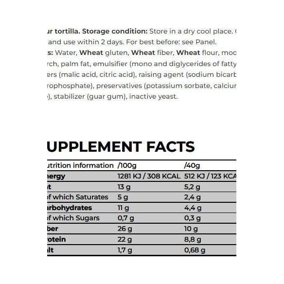 Nutrition facts and storage information for NanoSupps Protein Wrap made from wheat flour, highlighting calories and protein content.