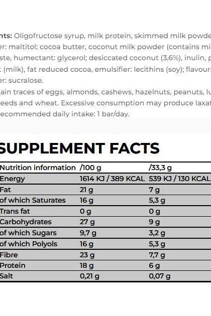 Nanosupps Softy Protein Bar nutrition facts table, including energy, protein, fat, and fiber content.