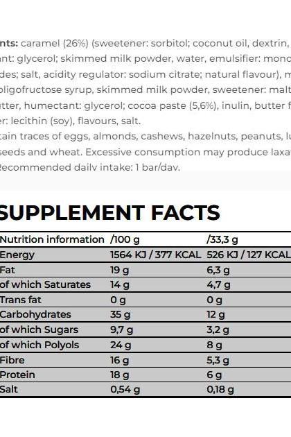 Nanosupps Softy Protein Bar supplement facts including calories, protein, fat, and fiber content.