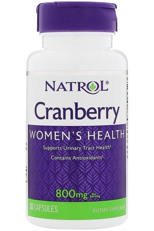 Natrol Cranberry supplement bottle, 800mg, 30 capsules for women's urinary tract health.