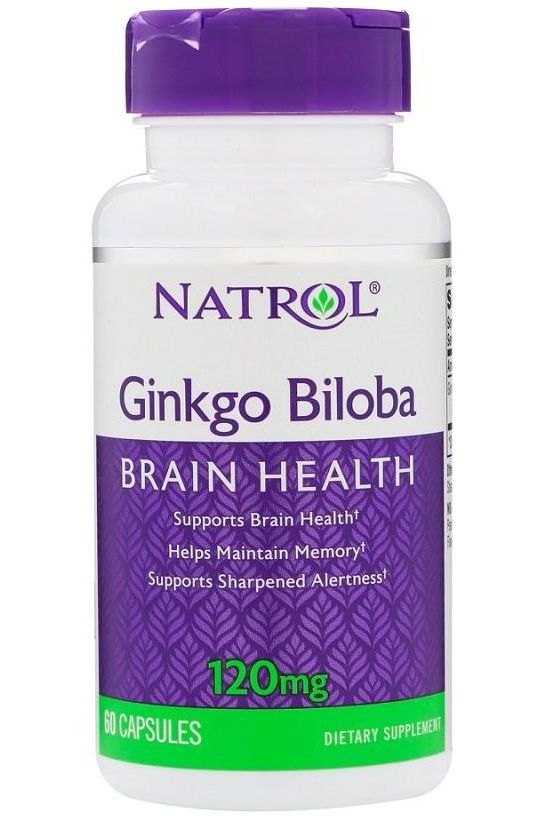 Natrol Ginkgo Biloba dietary supplement bottle, 120mg, 60 capsules for brain health and memory support.