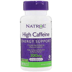 Natrol High Caffeine supplement bottle, 200mg, for energy support and enhanced mental focus, 100 tablets.