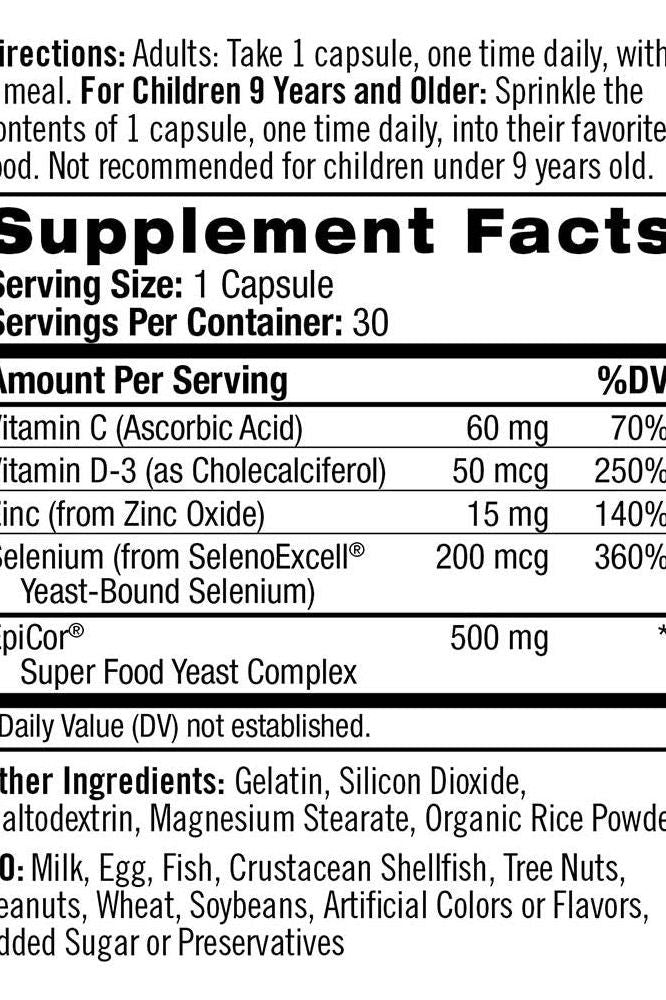 Supplement facts for Natrol Immune Boost, listing vitamins C, D3, zinc, selenium, and EpiCor.