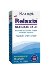 Natrol Relaxia Ultimate Calm dietary supplement box for stress relief, 30 capsules, drug-free, promotes calmness.