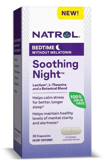 Natrol Soothing Night supplement box featuring 30 capsules for stress relief and better sleep without melatonin.