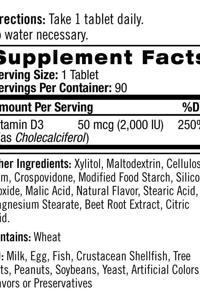 Supplement facts for Natrol Vitamin D3 Fast Dissolve, 50 mcg serving size, contains 90 chewables.