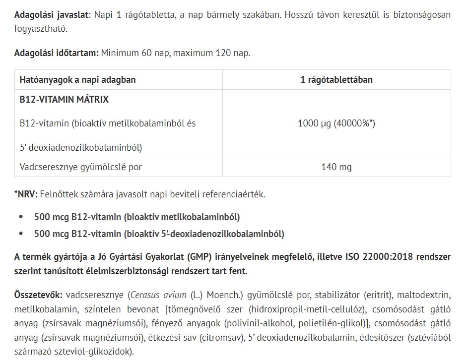Active B12 Matrix ingredienser etikett