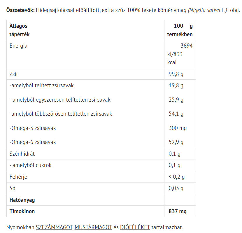 Svartfrökumminolja baksida näringsfakta