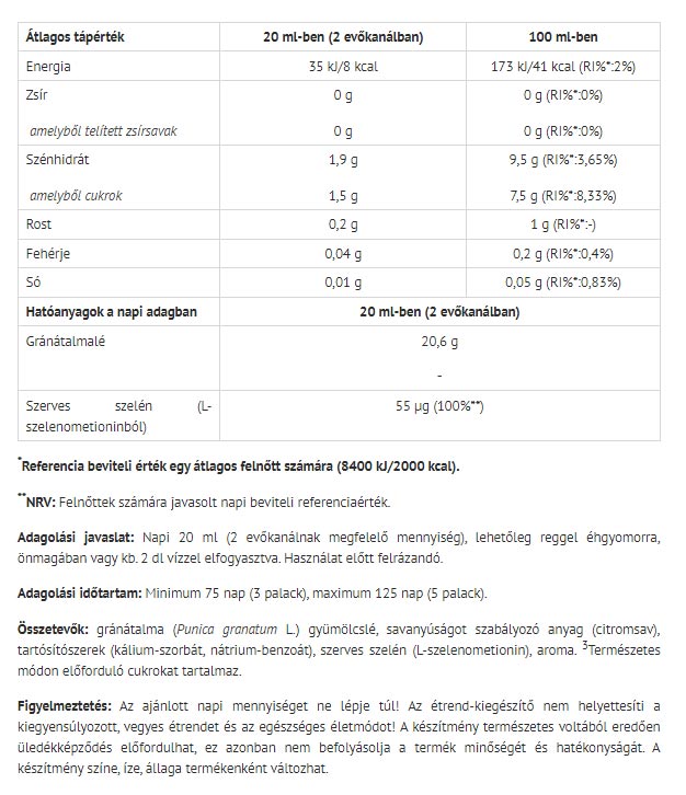 Natur Tanya Pomegranate Concentrate baksida näringsfakta